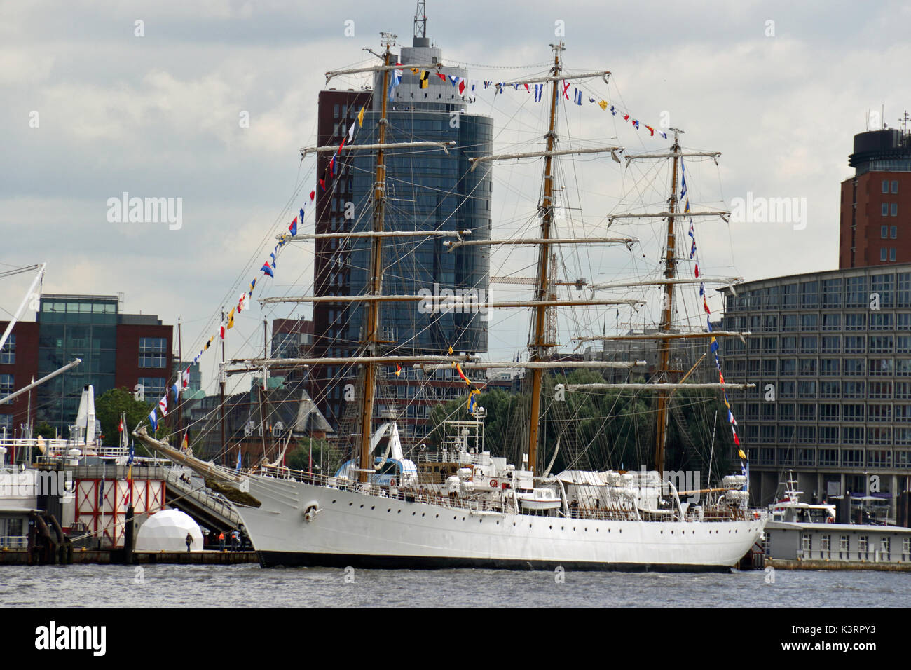 The large sailing ship Ara Libertad is located in the harbor of Hamburg. Stock Photo