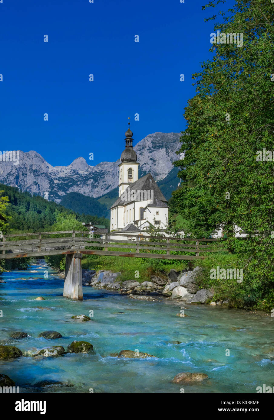 Parish Church of St. Sebastian, Ramsauer Ache, Reiter Alps Malerwinkel, Ramsau near Berchtesgaden, Berchtesgadener Land, Upper Bavaria, Bavaria, Germa Stock Photo