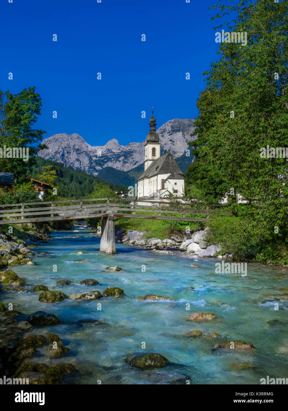 Parish Church of St. Sebastian, Ramsauer Ache, Reiter Alps Malerwinkel, Ramsau near Berchtesgaden, Berchtesgadener Land, Upper Bavaria, Bavaria, Germa Stock Photo