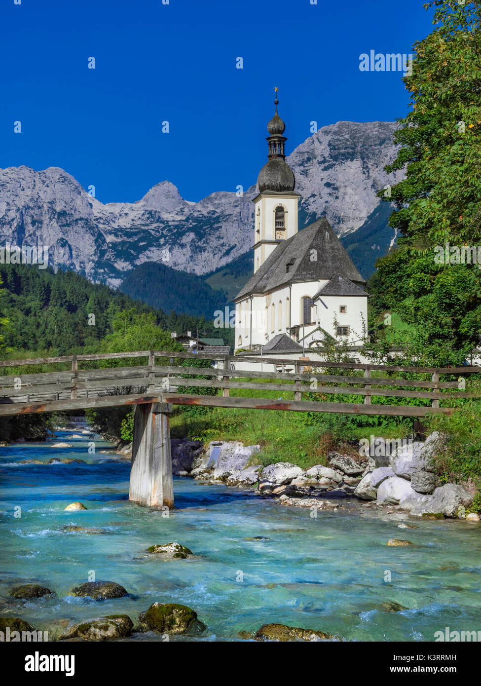 Parish Church of St. Sebastian, Ramsauer Ache, Reiter Alps Malerwinkel, Ramsau near Berchtesgaden, Berchtesgadener Land, Upper Bavaria, Bavaria, Germa Stock Photo