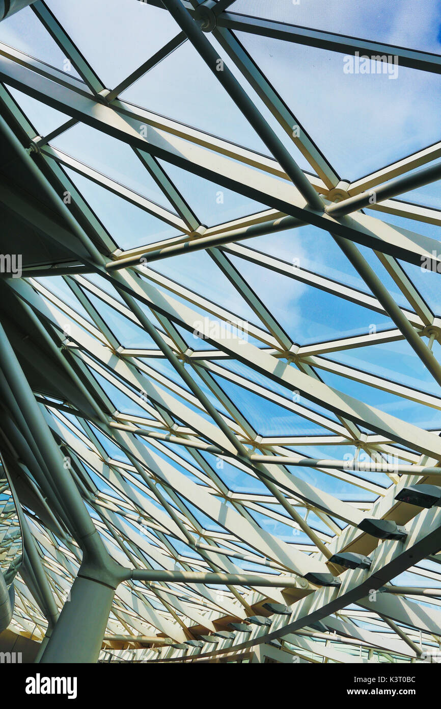 Detail of lattice roof at King’s Cross Train Station in London, United