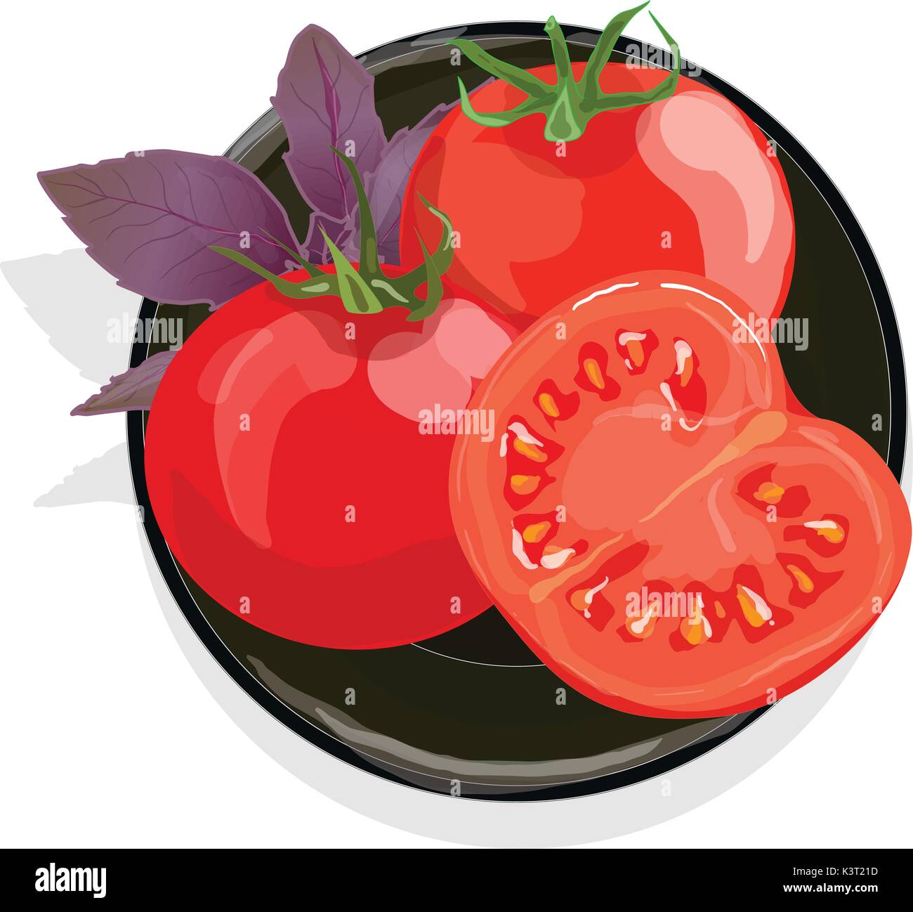 Tomatoes on black plate with basil. Isolated Stock Vector