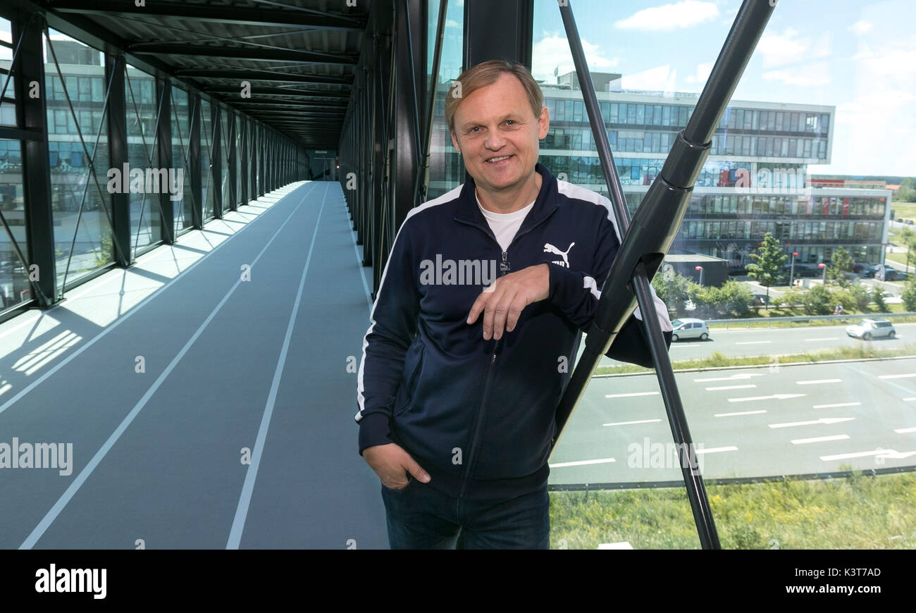 Herzogenaurch, Germany. 13th July, 2017. Puma CEO Bjoern Gulden poses in  front of the newly opened bridge connecting the two buildings of Puma  Headquarters in Herzogenaurach, Germany, on 13 July 2017. -