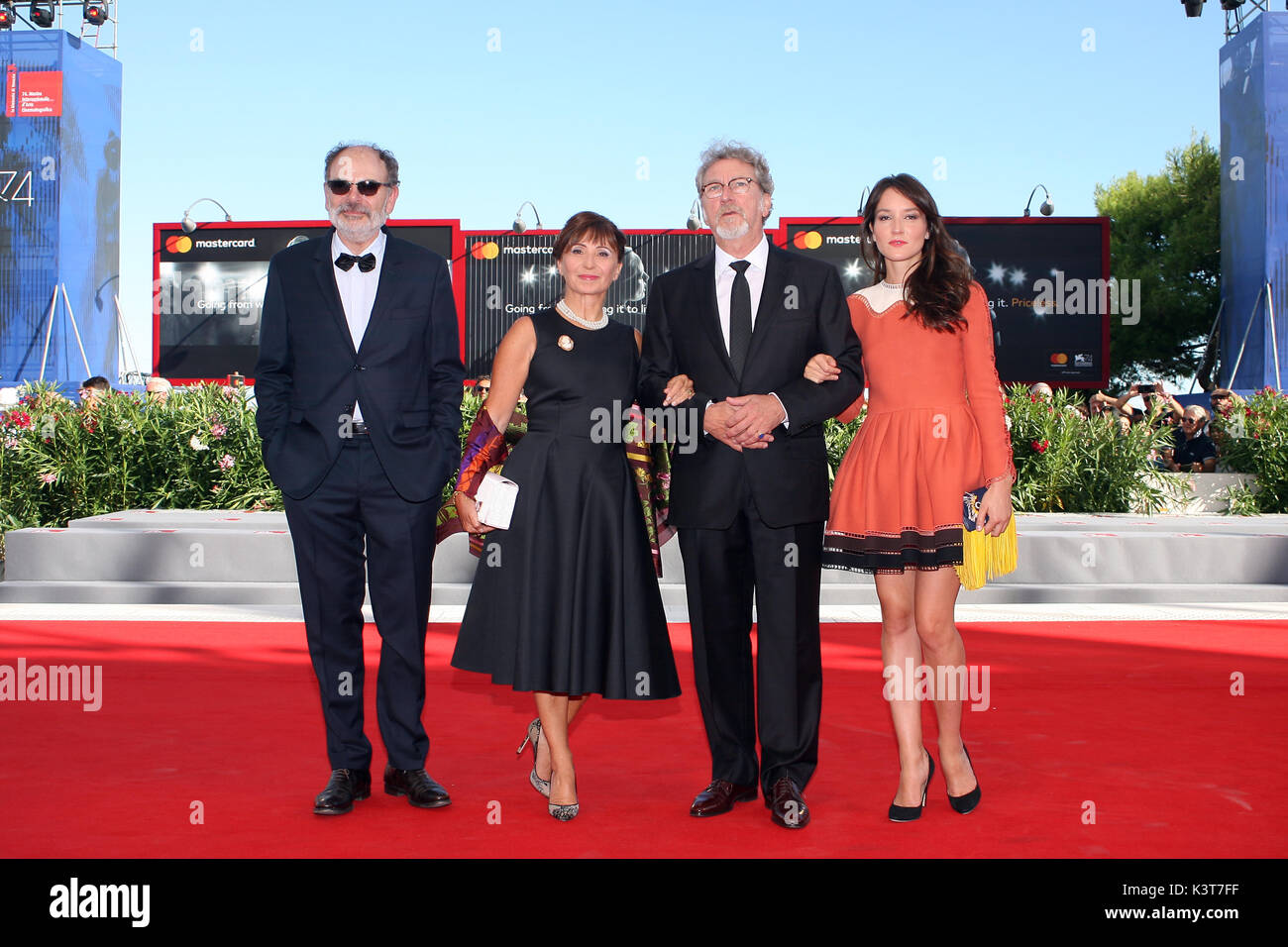 Venice, Italy. 3rd Sep, 2017. From left : actor Jean-Pierre Darroussin, actress Ariane Ascaride, French director Robert Guediguian, actress Anais Demoustier attend the premiere of the movie 'La Villa' (The House by the sea) presented in competition at the 74th Venice Credit: Graziano Quaglia/Alamy Live News Stock Photo