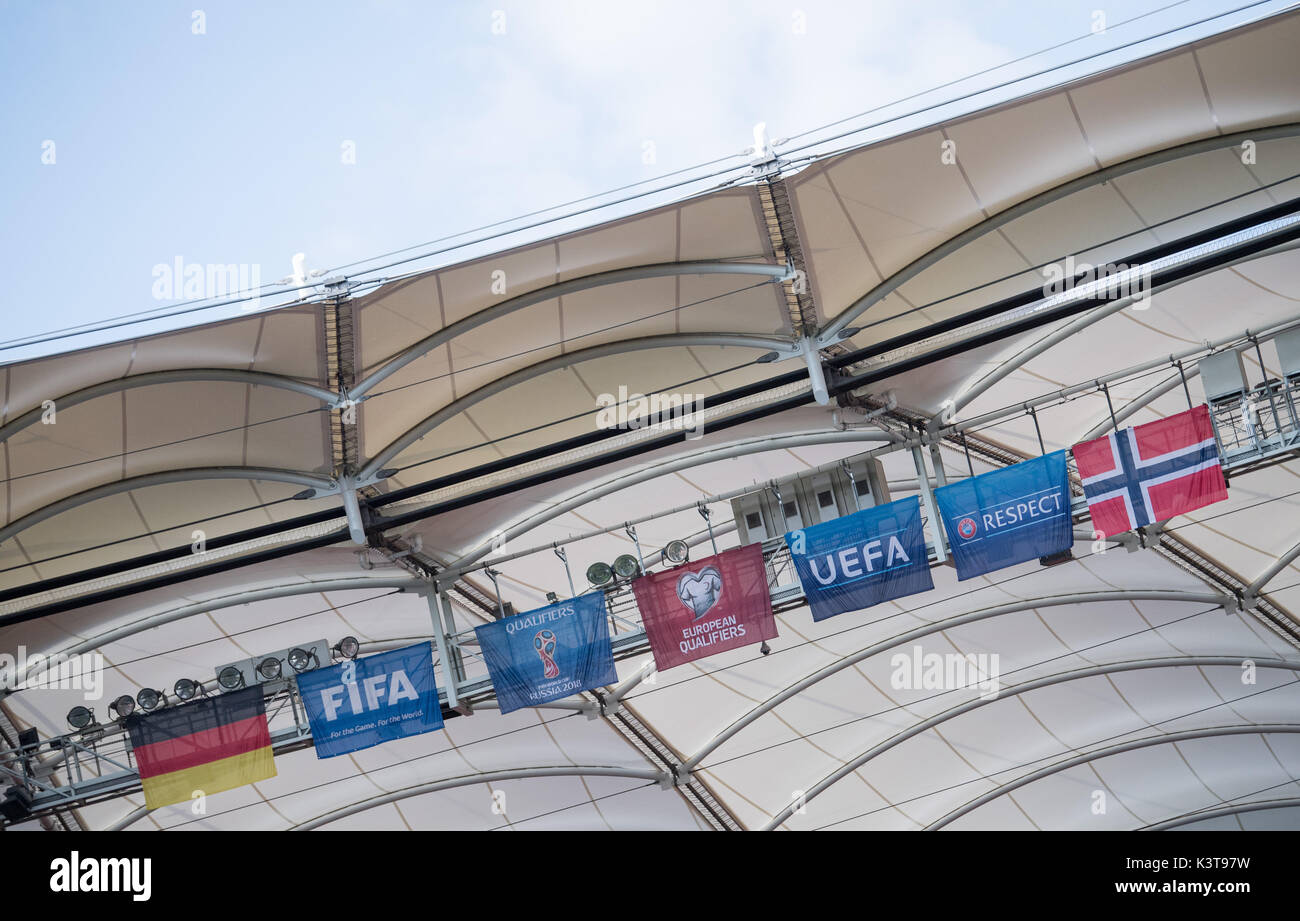 Stuttgart, Germany. 03rd Sep, 2017. Flags of Germany (L-R), FIFA, UEFA ...