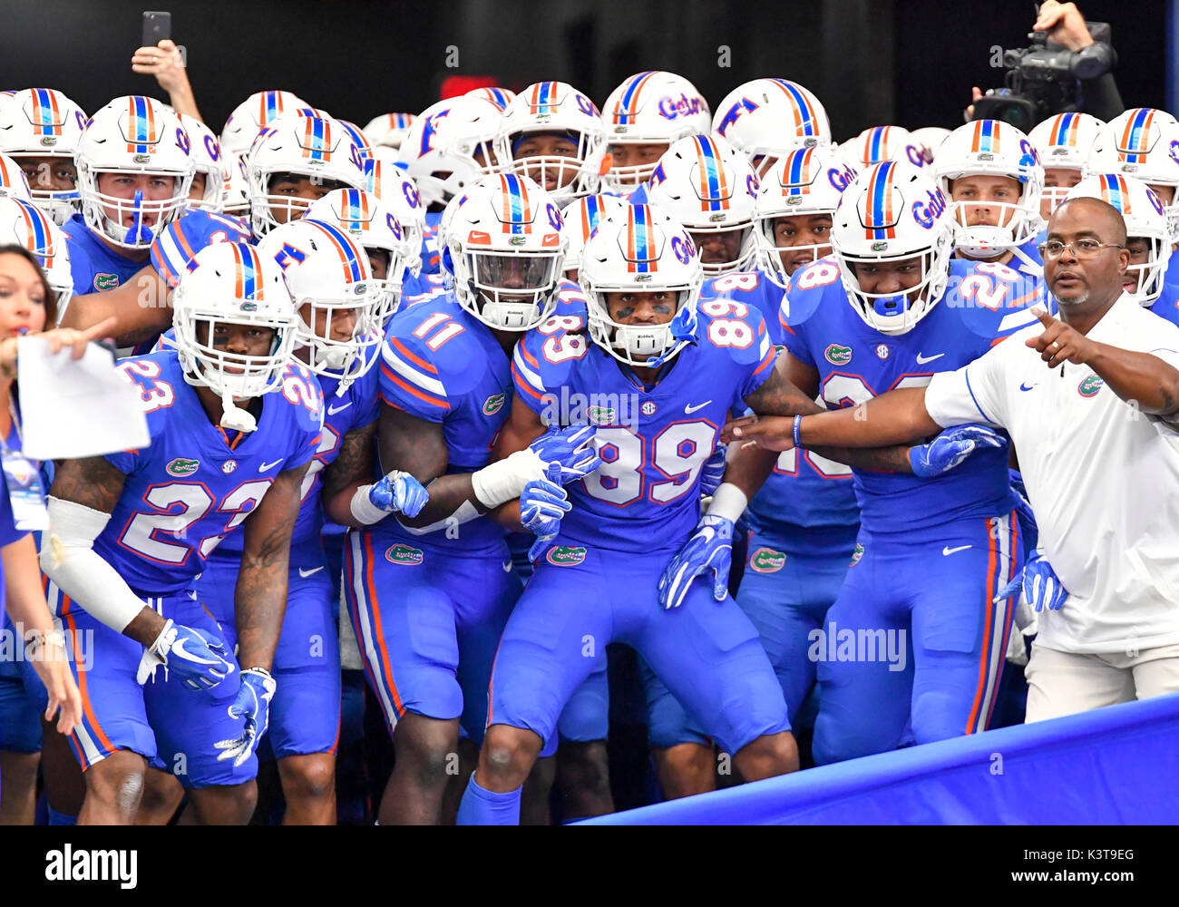 September 02, 2017: The Florida Gators football team prepares to enter the field before the Advocare Classic NCAA Football game between the University of Michigan Wolverines and the University of Florida Gators at AT&T Stadium in Arlington, TX Michigan defeated Florida 33-17 Albert Pena/CSM Stock Photo