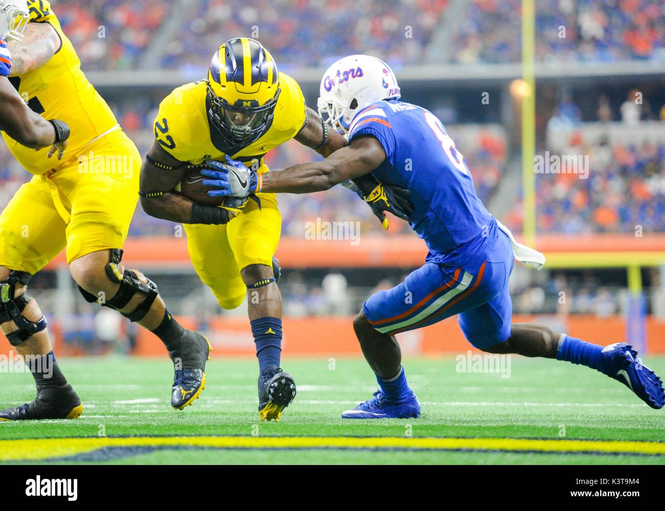 September 02, 2017: Michigan Wolverines quarterback Wilton Speight #3  during the Advocare Classic NCAA Football game between the University of  Michigan Wolverines and the University of Florida Gators at AT&T Stadium in