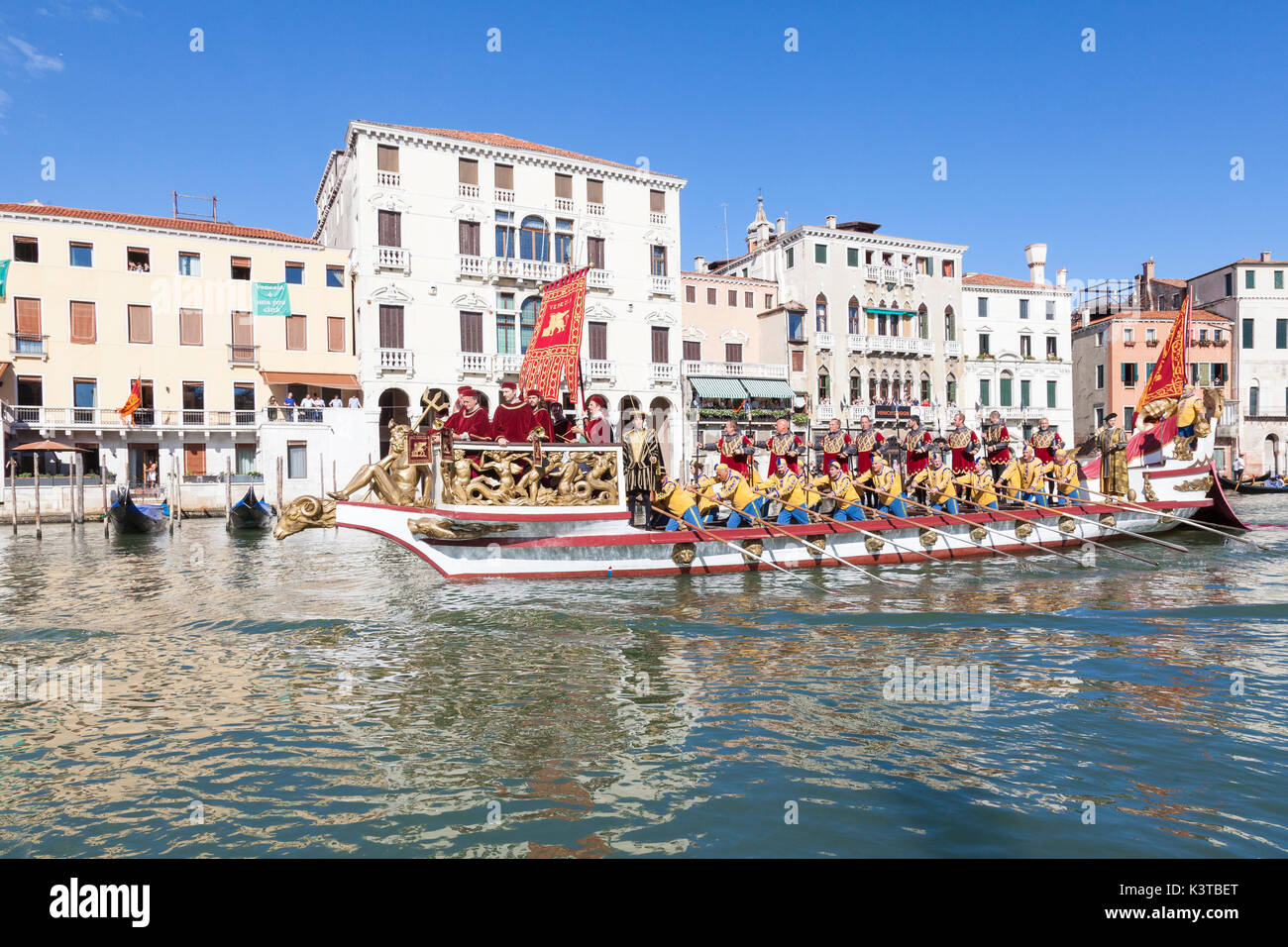 Venice, Veneto, Italy. 3rd September 2017. Boats participating in the Regata Storica, a re-enactment of a historical procession of boats carrying the Doge and highest ranking Venetian officials  in 1489 to welcome Caterina Cornaro, the wife of the King of Cyprus, who renounced her throne in favour of Venice. The procession is followed by  important  annual rowing regattas, the highlight of the Venice rowing season. Stock Photo