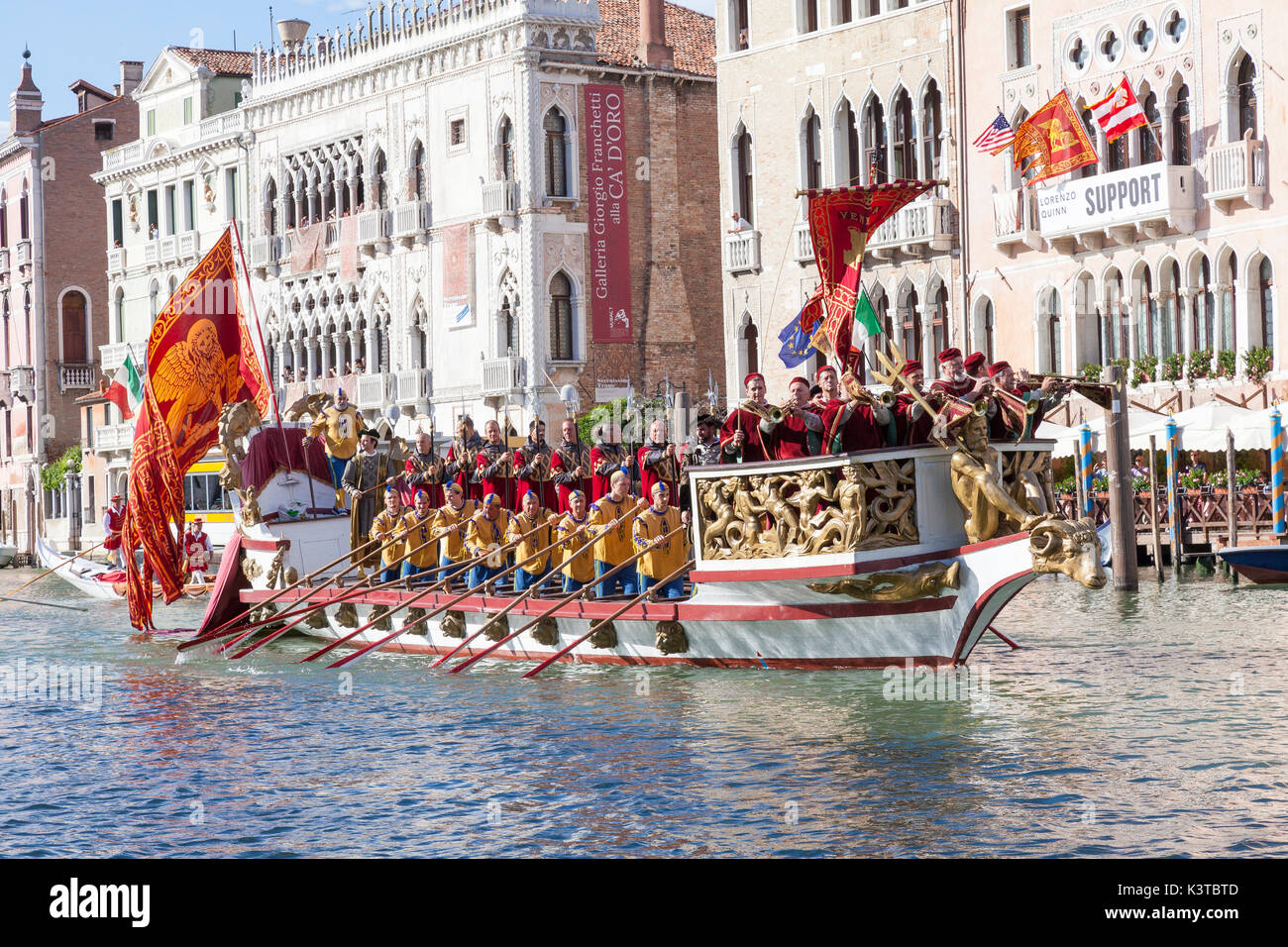 Venice, Veneto, Italy. 3rd September 2017. Boats participating in the Regata Storica, a re-enactment of a historical procession of boats carrying the Doge and highest ranking Venetian officials  in 1489 to welcome Caterina Cornaro, the wife of the King of Cyprus, who renounced her throne in favour of Venice. The procession is followed by  important  annual rowing regattas, the highlight of the Venice rowing season. Stock Photo