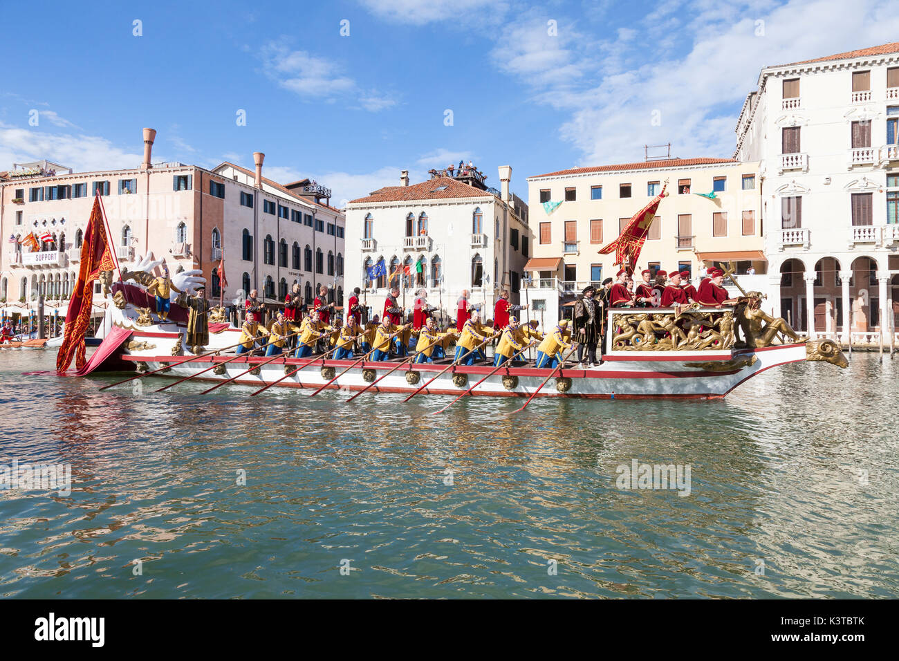 Venice, Veneto, Italy. 3rd September 2017. Boats participating in the Regata Storica, a re-enactment of a historical procession of boats carrying the Doge and highest ranking Venetian officials  in 1489 to welcome Caterina Cornaro, the wife of the King of Cyprus, who renounced her throne in favour of Venice. The procession is followed by  important  annual rowing regattas, the highlight of the Venice rowing season. Stock Photo