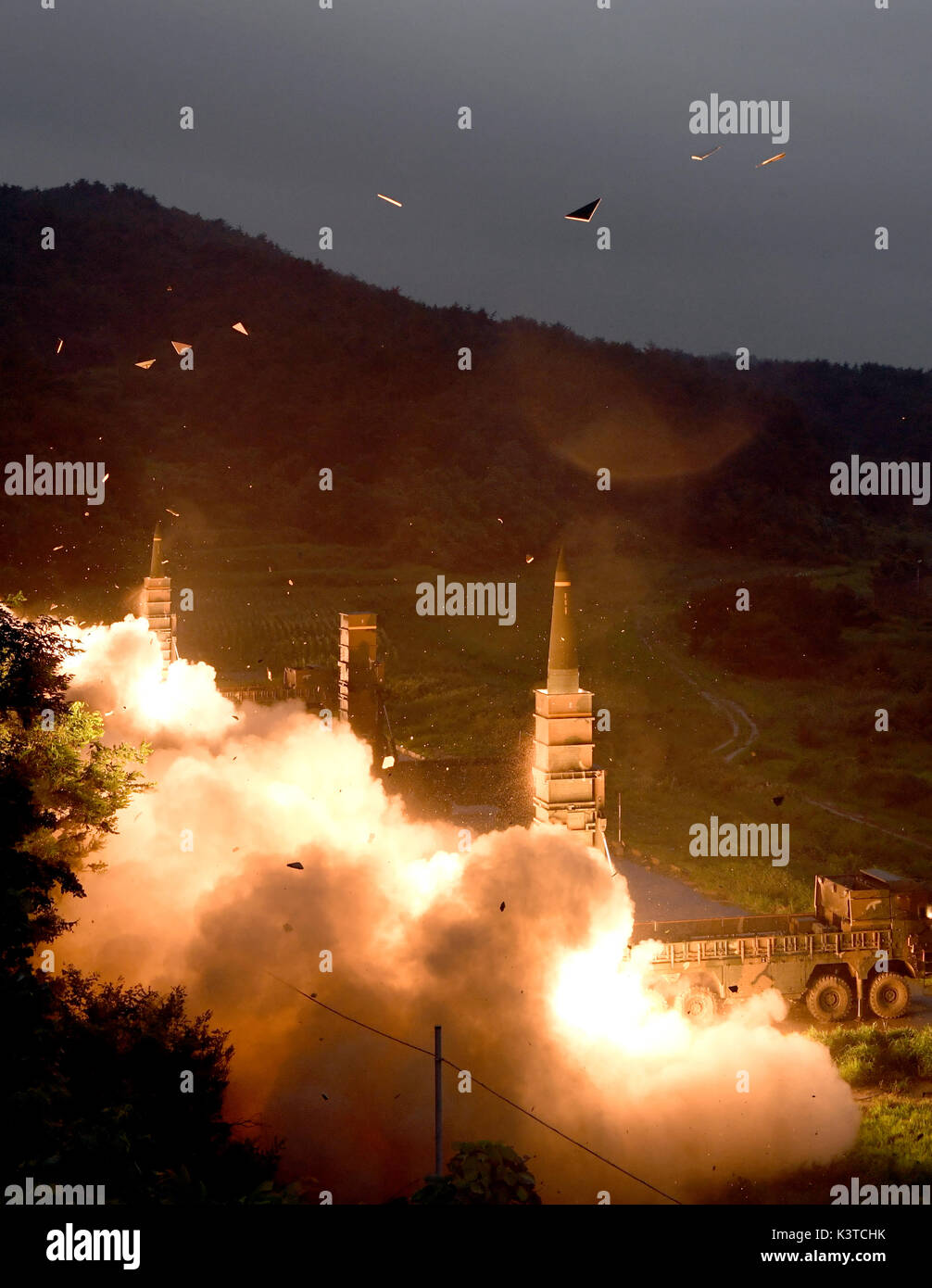 Seoul responds to N.K. nuke test with missile drill This file photo dated July 29, 2017, from the Joint Chiefs of Staff shows South Korea's surface-to-surface missile Hyunmoo being fired. South Korea's military held a live-fire drill in the early morning of Sept. 4, 2017, as a response to North Korea's nuclear test a day earlier, simulating strikes on North Korea's nuclear sites with the Hyunmoo ballistic missiles and F-15K fighter jets. (Yonhap)/2017-09-04 07:55:03/ < 1980-2017 YONHAPNEWS AGENCY. .> Photo via Newscom Stock Photo