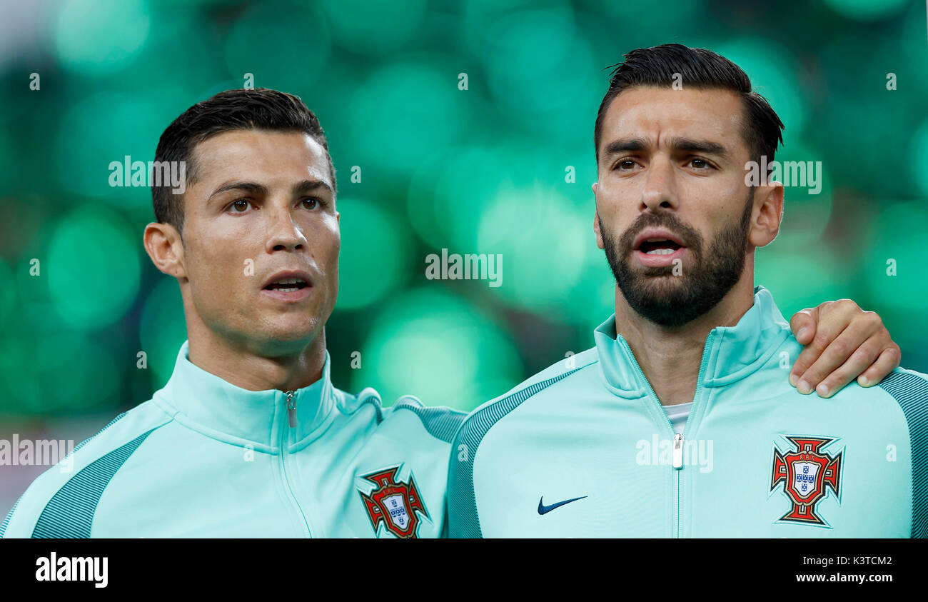 Budapest, Hungary. 03rd Sep, 2017. BUDAPEST, HUNGARY - SEPTEMBER 3: Cristiano Ronaldo (L) of Portugal and Rui Patricio (R) of Portugal listen to the anthems prior to the FIFA 2018 World Cup Qualifier match between Hungary and Portugal at Groupama Arena on September 3, 2017 in Budapest, Hungary. Credit: Laszlo Szirtesi/Alamy Live News Stock Photo
