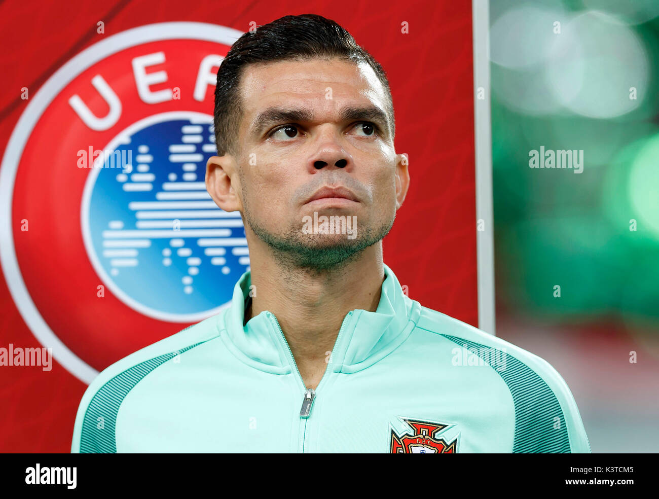 Budapest, Hungary. 03rd Sep, 2017. BUDAPEST, HUNGARY - SEPTEMBER 3: Pepe of Portugal listens to the anthems prior to the FIFA 2018 World Cup Qualifier match between Hungary and Portugal at Groupama Arena on September 3, 2017 in Budapest, Hungary. Credit: Laszlo Szirtesi/Alamy Live News Stock Photo