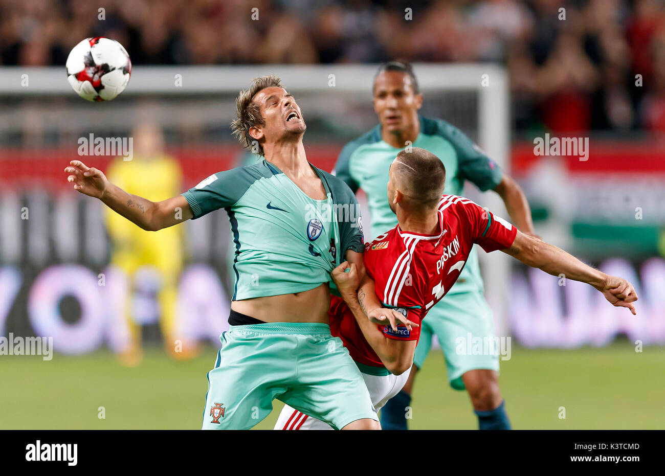 Budapest, Hungary. 03rd Sep, 2017. BUDAPEST, HUNGARY - SEPTEMBER 3: Tamas Priskin (R) of Hungary tangles with Fabio Coentrao (L) of Portugal during the FIFA 2018 World Cup Qualifier match between Hungary and Portugal at Groupama Arena on September 3, 2017 in Budapest, Hungary. Credit: Laszlo Szirtesi/Alamy Live News Stock Photo