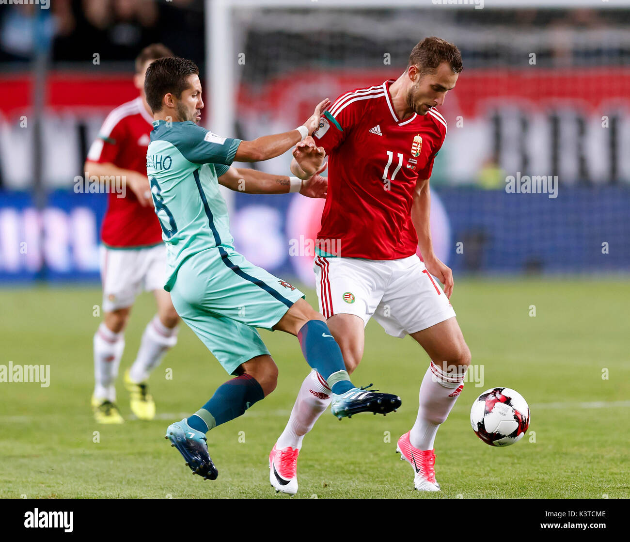 Budapest, Hungary. 03rd Sep, 2017. BUDAPEST, HUNGARY - SEPTEMBER 3: Marton Eppel #11 of Hungary battles for the ball with Joao Moutinho #8 of Portugal during the FIFA 2018 World Cup Qualifier match between Hungary and Portugal at Groupama Arena on September 3, 2017 in Budapest, Hungary. Credit: Laszlo Szirtesi/Alamy Live News Stock Photo