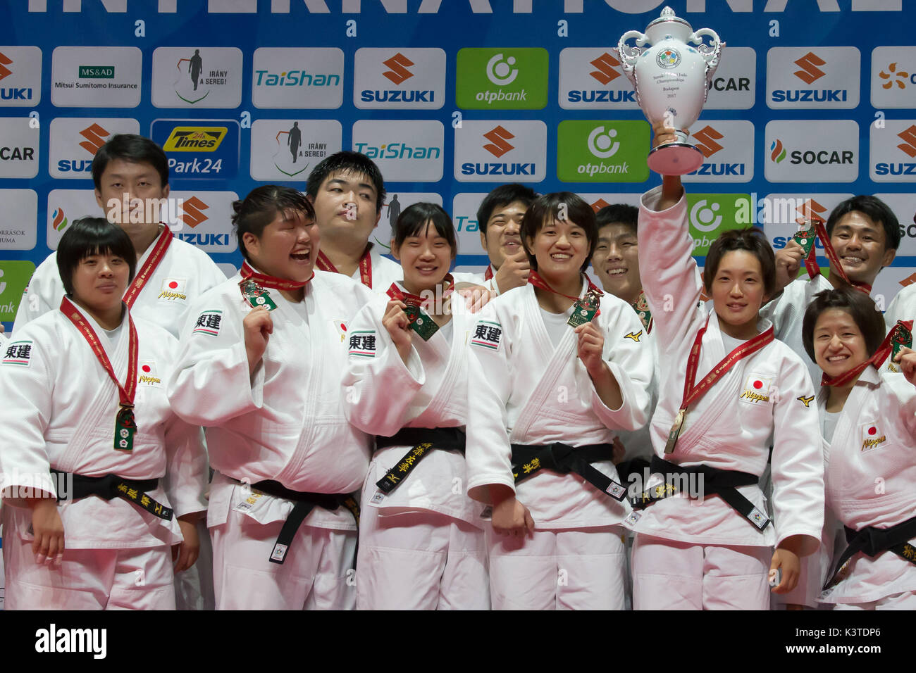 Budapest. 3rd Sep, 2017. Members of Team Japan attend the awarding ceremony for mixed team event at 2017 Suzuki World Judo Championships in Budapest, Hungary on Sept. 3, 2017. Japan claimed the title by 6-0 against Team Brazil. Credit: Attila Volgyi/Xinhua/Alamy Live News Stock Photo