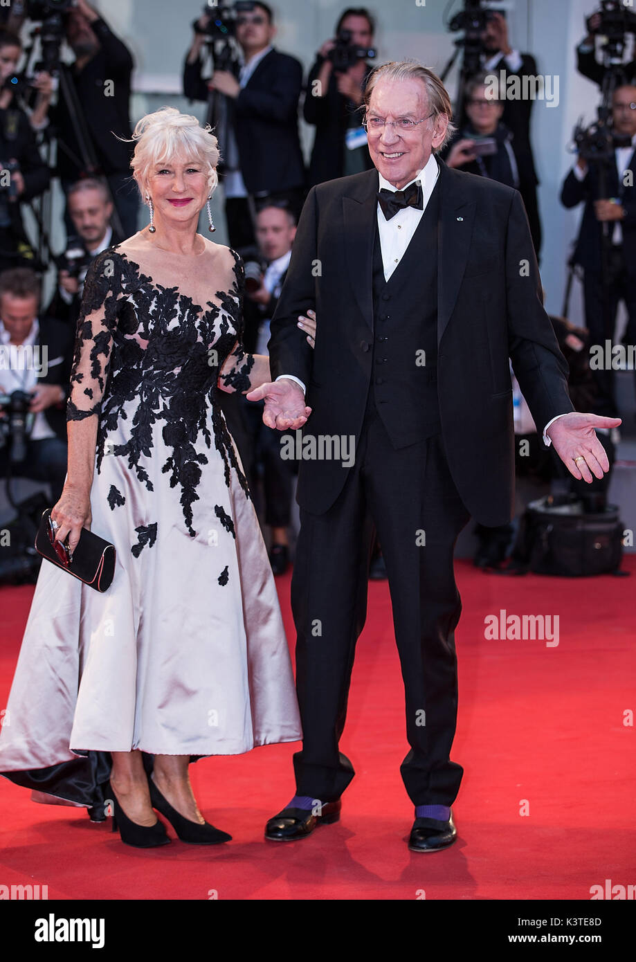 Venice, Italy. 3rd Sep, 2017. Actor Donald Sutherland (R) and actress