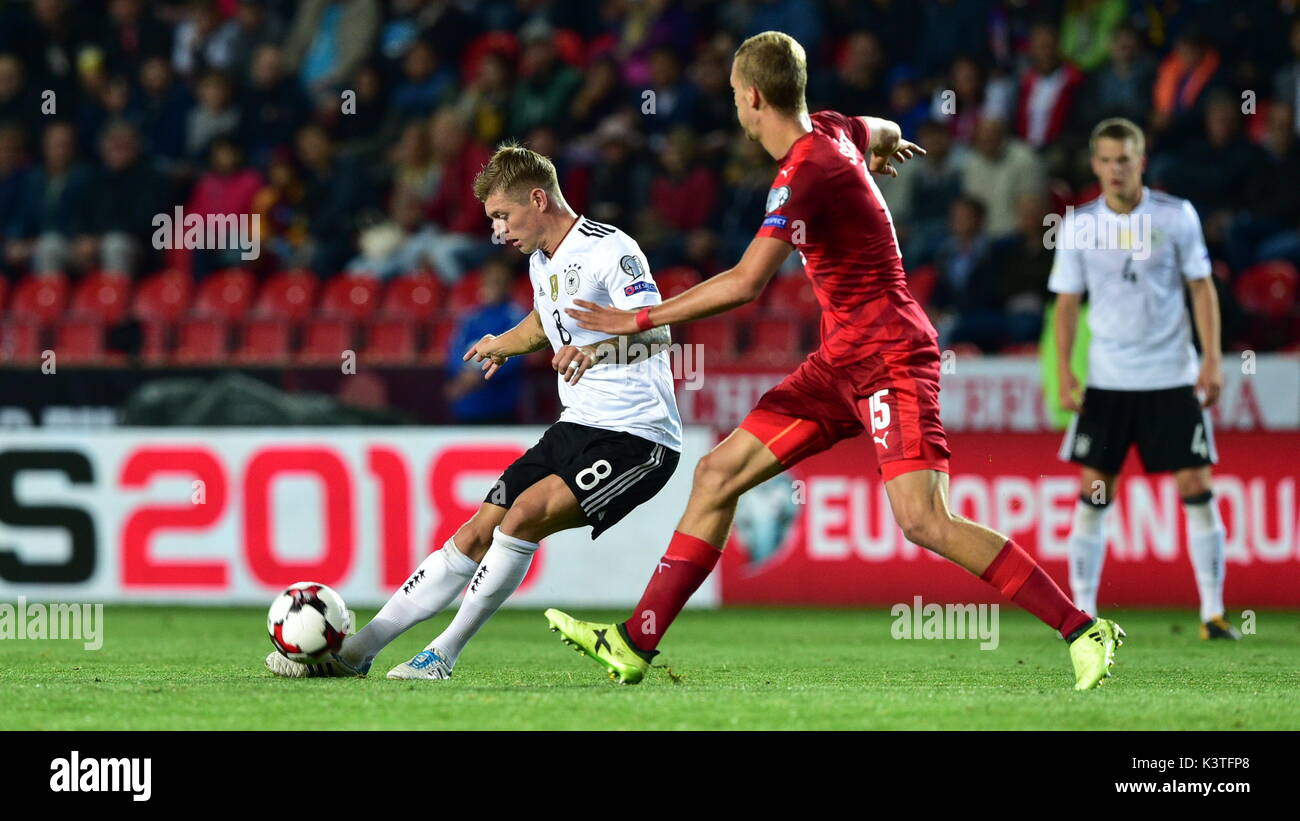 Prague, Czech Republic. 01st Sep, 2017. L-R TONI KROOS (GER) and TOMAS SOUCEK (CZE) in action during the Football world qualifier, Group C, match Czech Republic vs Germany, in Prague, Czech Republic, on Friday, September 1st, 2017. Credit: Michal Kamaryt/CTK Photo/Alamy Live News Stock Photo