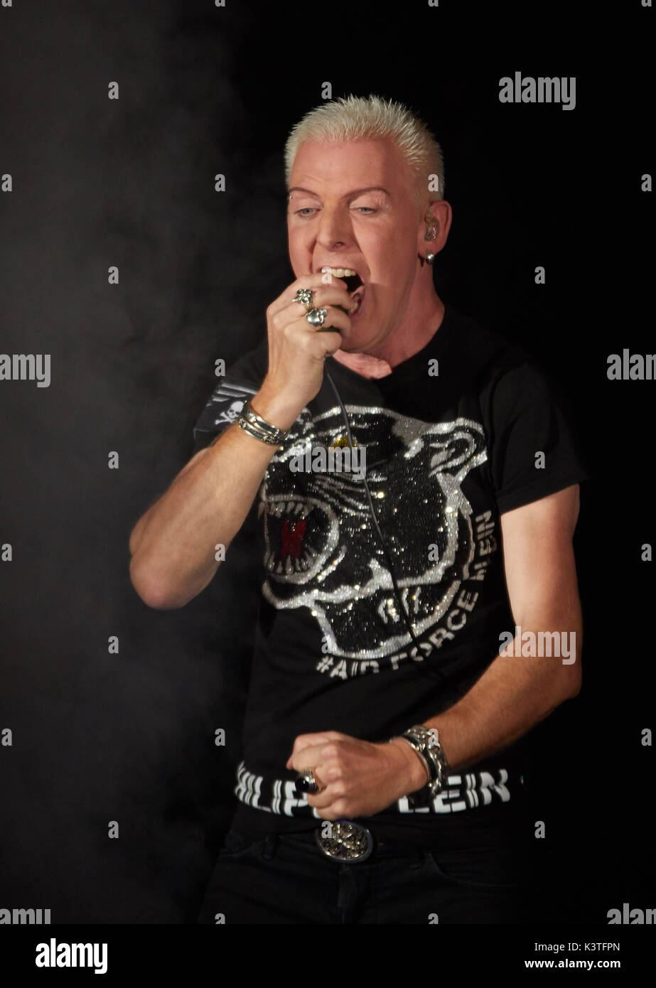 Hamburg, Germany. 03rd Sep, 2017. The frontman of the band Scooter, H.P.  Baxxter, stands on stage at the beneficial event "Night of Legends" in  Hamburg, Germany, 03 September 2017. Photo: Georg Wendt/dpa/Alamy