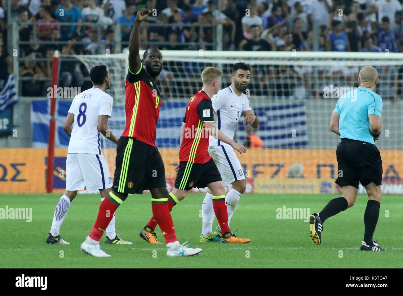 Athens, Greece. 03rd Sep, 2017. Belgium's Romelu Lukaku celebrates after scoring the goal of his team. Greece takes on Belgium at the Group H of FIFA 2018 world cup qualifying round at Georgios Karaiskakis Stadium in Athens. Final score Greece 1 Belgium 2. Credit: SOPA Images Limited/Alamy Live News Stock Photo