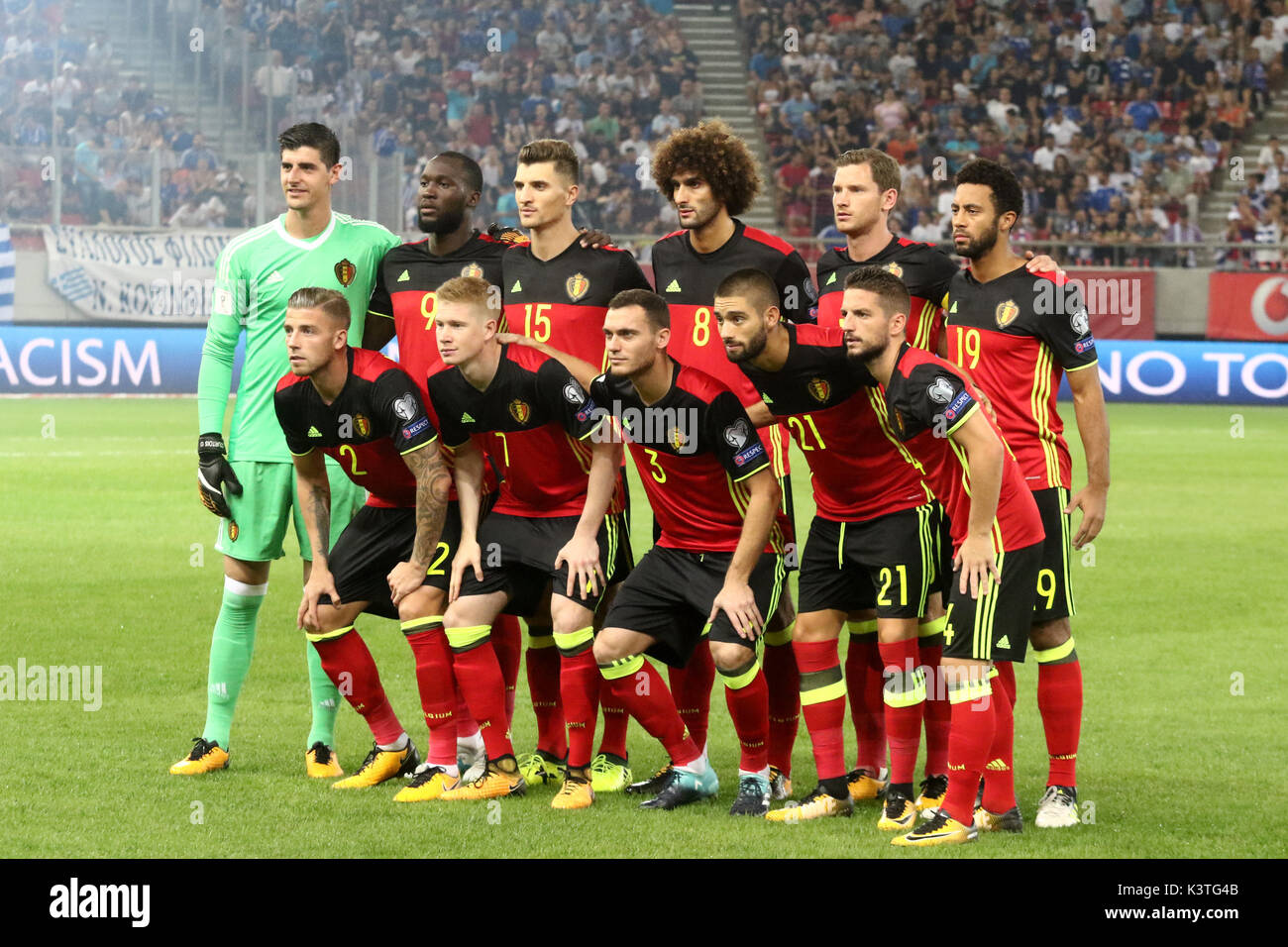 Athens, Greece. 03rd Sep, 2017. Belgium pose for a team group photo before of the World Cup Group H qualifying soccer match between Greece and Belgium at Georgios Karaiskakis Stadium. Final score Greece 1 Belgium 2. Credit: SOPA Images Limited/Alamy Live News Stock Photo