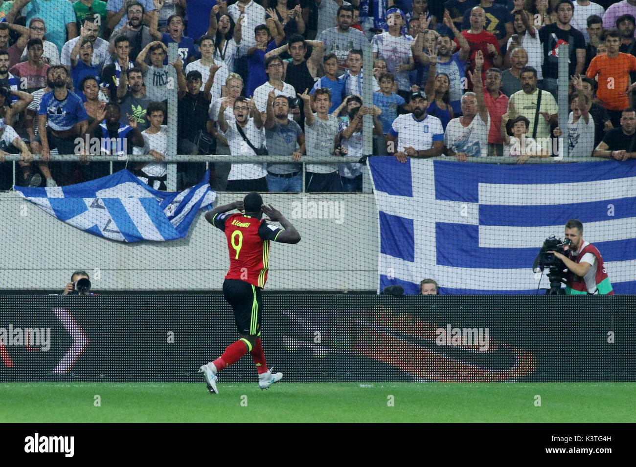 Athens, Greece. 03rd Sep, 2017. Belgium's Romelu Lukaku celebrates after scoring the goal for his team. Greece takes on Belgium at the Group H of FIFA 2018 world cup qualifying round at Georgios Karaiskakis Stadium in Athens. Final score Greece 1 Belgium 2. Credit: SOPA Images Limited/Alamy Live News Stock Photo