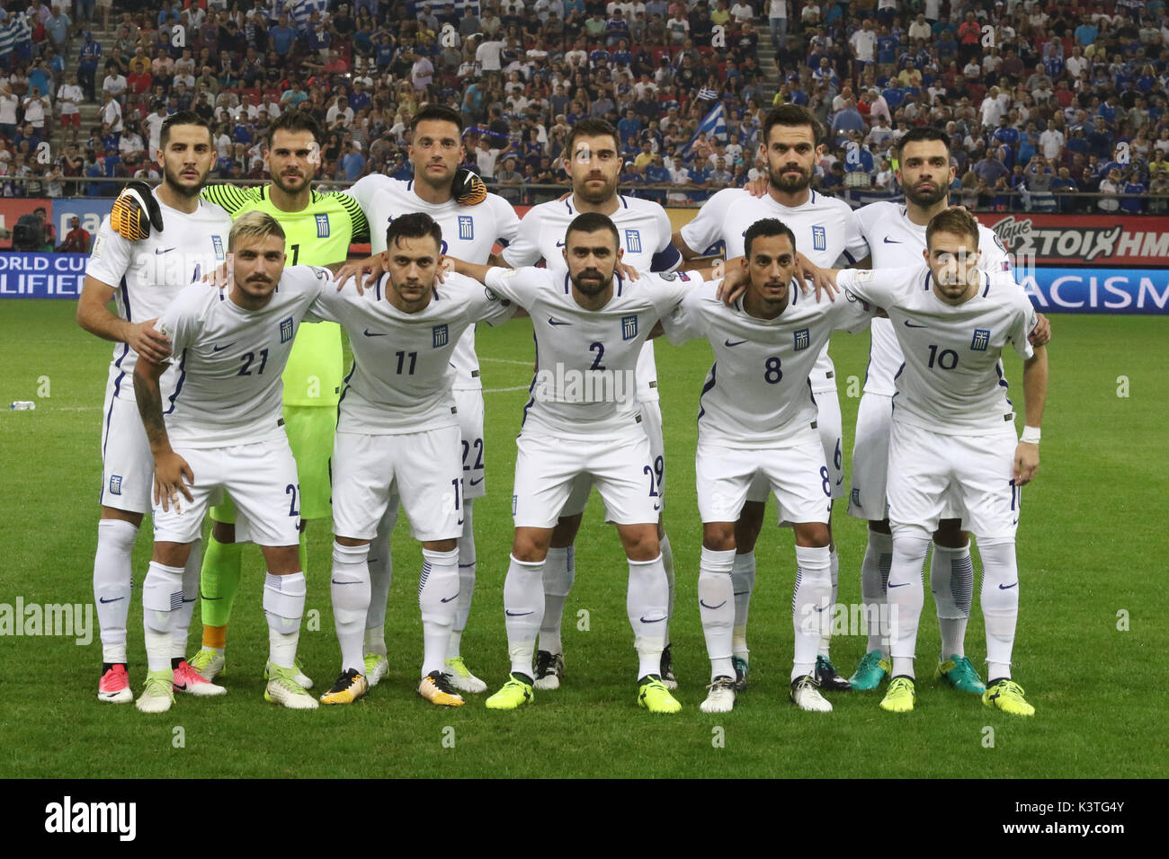Athens, Greece. 03rd Sep, 2017. Greece pose for a team group photo before of the World Cup Group H qualifying soccer match between Greece and Belgium at Georgios Karaiskakis Stadium. Final score Greece 1 Belgium 2. Credit: SOPA Images Limited/Alamy Live News Stock Photo