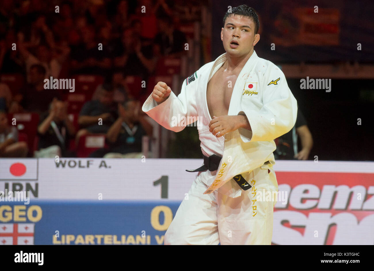 Budapest, Hungary. 02nd Sep, 2017. Japanese judoka Aaron Wolf celebrates his win after the final match of the category -100 kg men, within Suzuki World Judo Championships 2017 in Budapest, Hungary, on September 2, 2017. Credit: Vit Simanek/CTK Photo/Alamy Live News Stock Photo