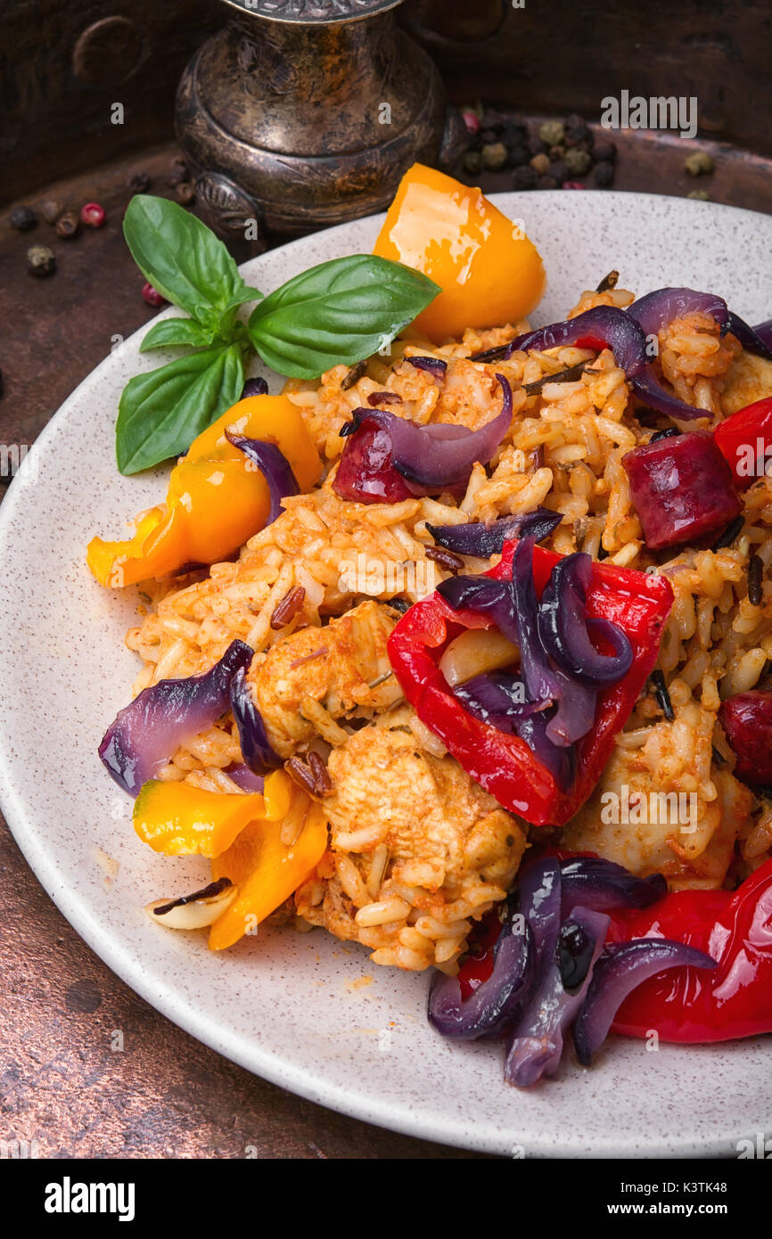 Creole Jambalaya spicy rice with meat and vegetables Stock Photo