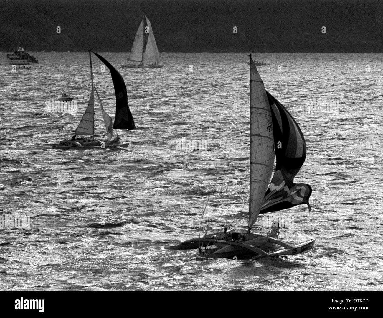 AJAXNETPHOTO, NOVEMBER, 1982. ST.MALO, FRANCE. - ROUTE DU RHUM RACE - LE TELEGRAMME DE BREST (YVES LE CORNEC) AT START. PHOTO:JONATHAN EASTLAND/AJAX REF:821007 15 Stock Photo