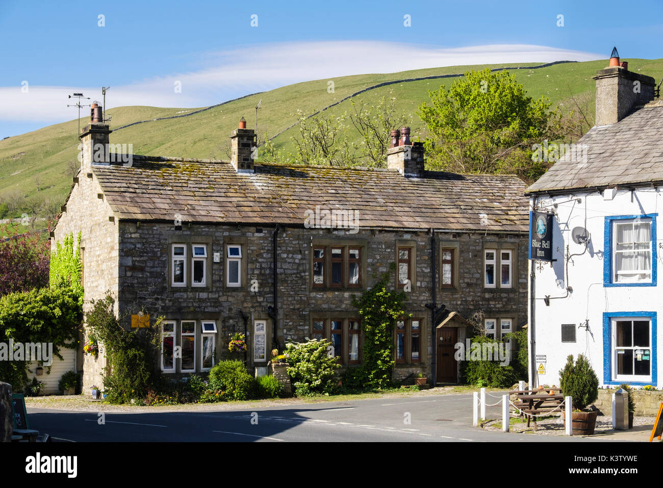 Pub and traditional old building in village centre. Kettlewell, Upper Wharfedale, Yorkshire Dales National Park, North Yorkshire, England, UK, Britain Stock Photo