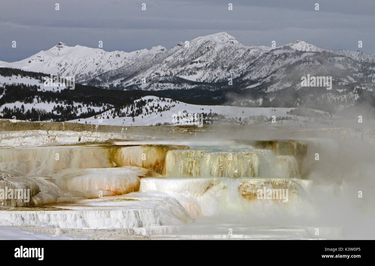 Water freezes as it flows down the terrace face at the Mammoth Hot Springs Canary Spring in the Yellowstone National Park February 7, 2013 in Park County, Wyoming.   (photo by Jim Peaco via Planetpix) Stock Photo
