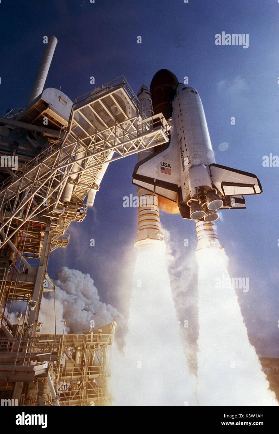 The NASA Space Shuttle Atlantis launches from the Kennedy Space Center on the STS-46 mission to deploy the European Space Agency European Retrievable Carrier and operate the joint NASA/Italian Space Agency Tethered Satellite System July 31, 1992 in Merritt Island, Florida.    (photo by NASA Photo via Planetpix) Stock Photo