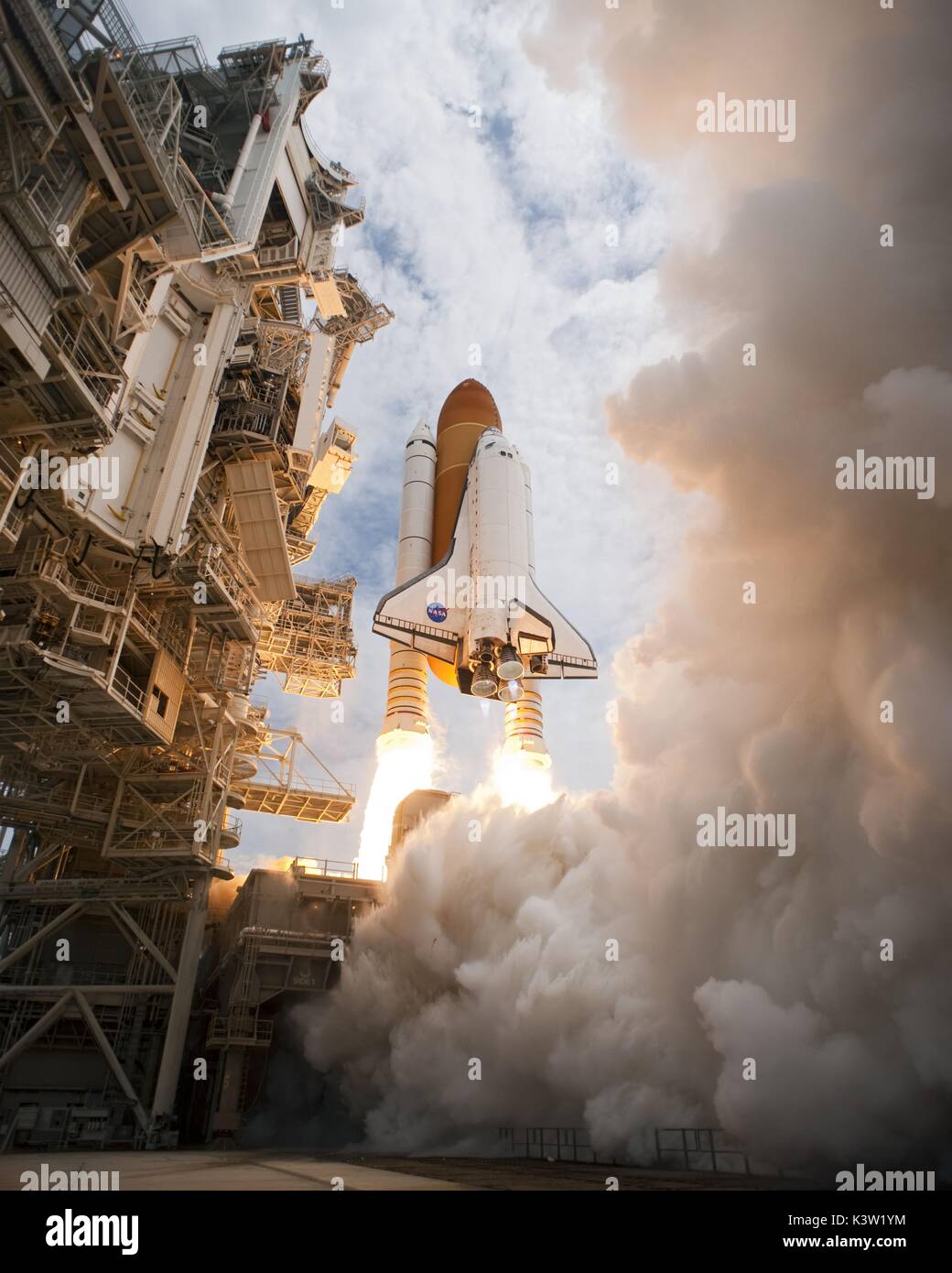 The NASA Space Shuttle Atlantis launches from the Kennedy Space Center Launch Pad 39A for the STS-135 mission to the International Space Station July 8, 2011 in Merritt Island, Florida.  (photo by NASA Photo via Planetpix) Stock Photo