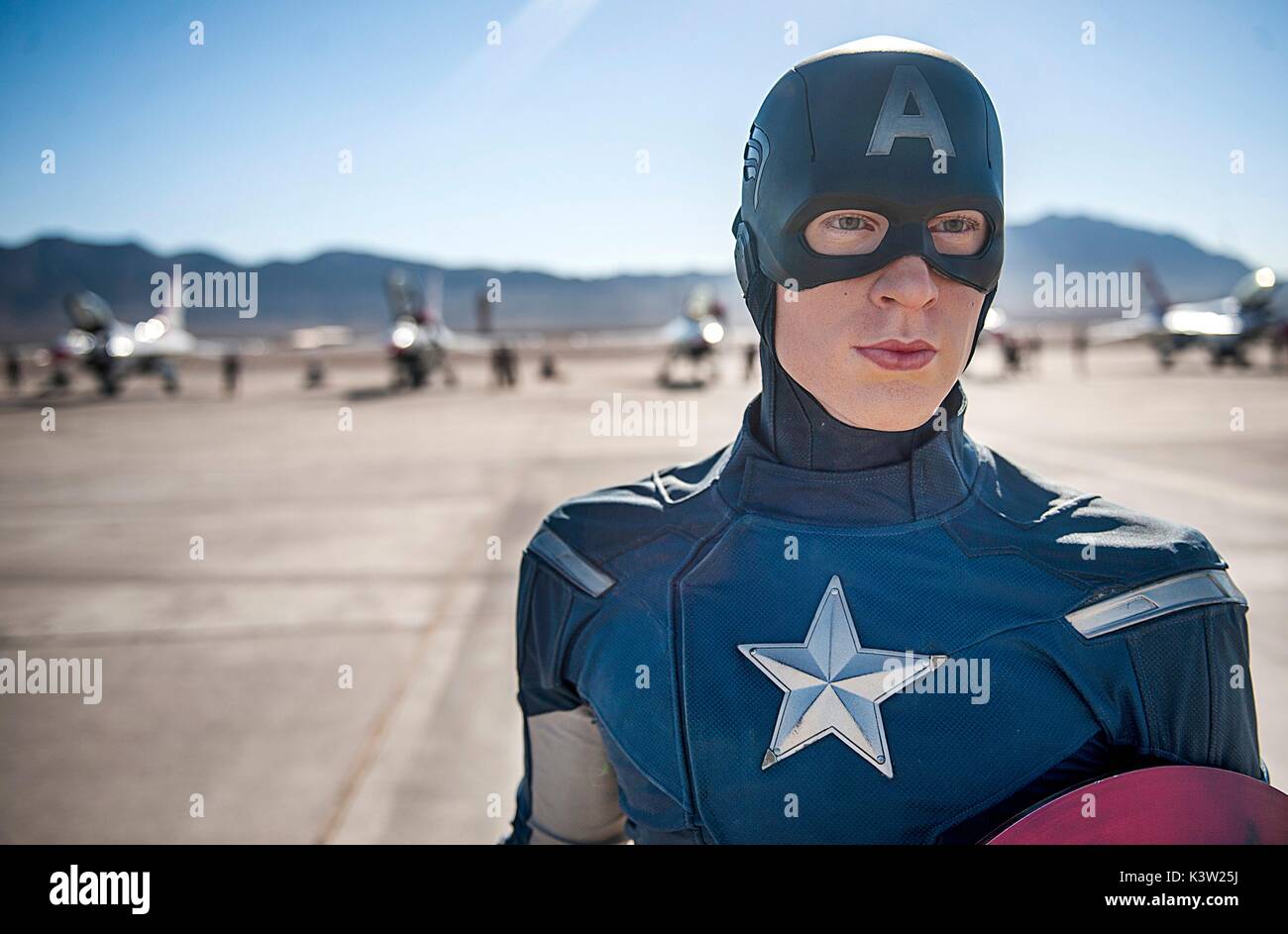 A female version of the Marvel comic book superhero Captain America during the Aviation Nation air show at the Nellis Air Force Base November 11, 2016 in Las Vegas, Nevada. (photo by Kevin Tanenbaum via Planetpix) Stock Photo