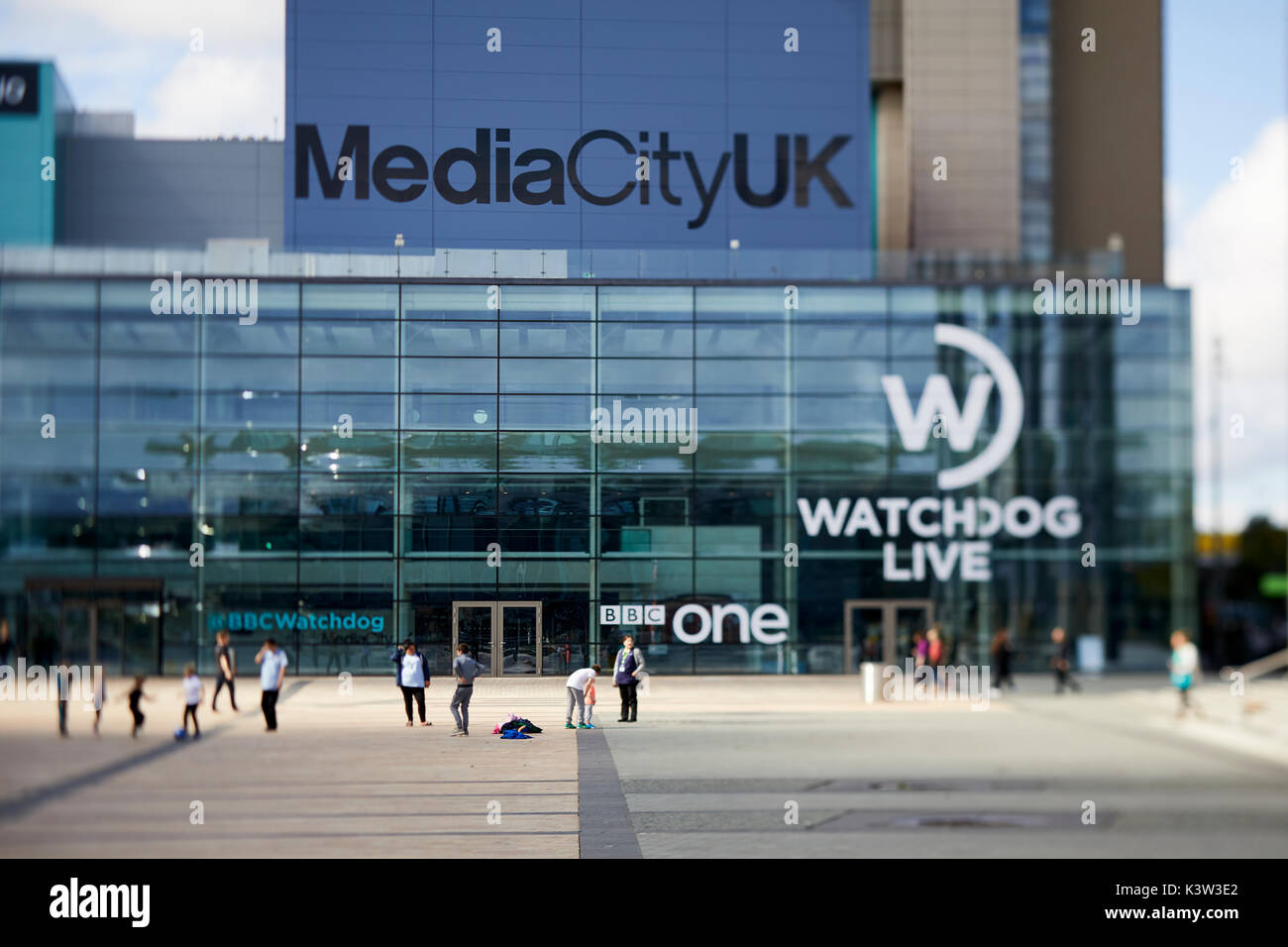 Regeneration docks at MediaCityUk at Salford Quays Gtr Manchester, Dock 10 studios with BBC Watchdog branding Stock Photo