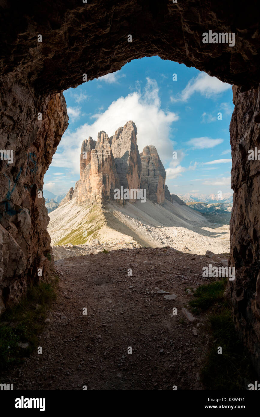 Europe, Italy, Dolomites, Veneto, Belluno. Tre Cime di Lavaredo seen from Trenches of the First World War on Mount Paterno Stock Photo