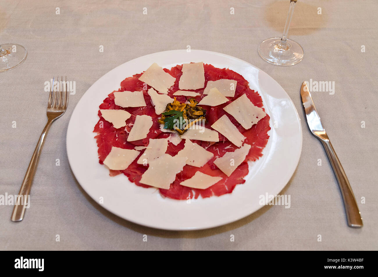 salted meat is a typical dolomiten dish, Italy. Stock Photo