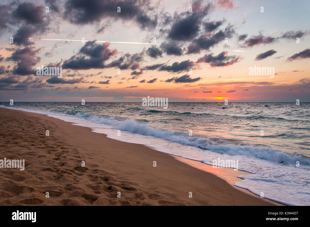 Sunset on Piscinas beach, Costa Verde, Arbus, Medio Campidano province, Sardinia, italy, europe. Stock Photo