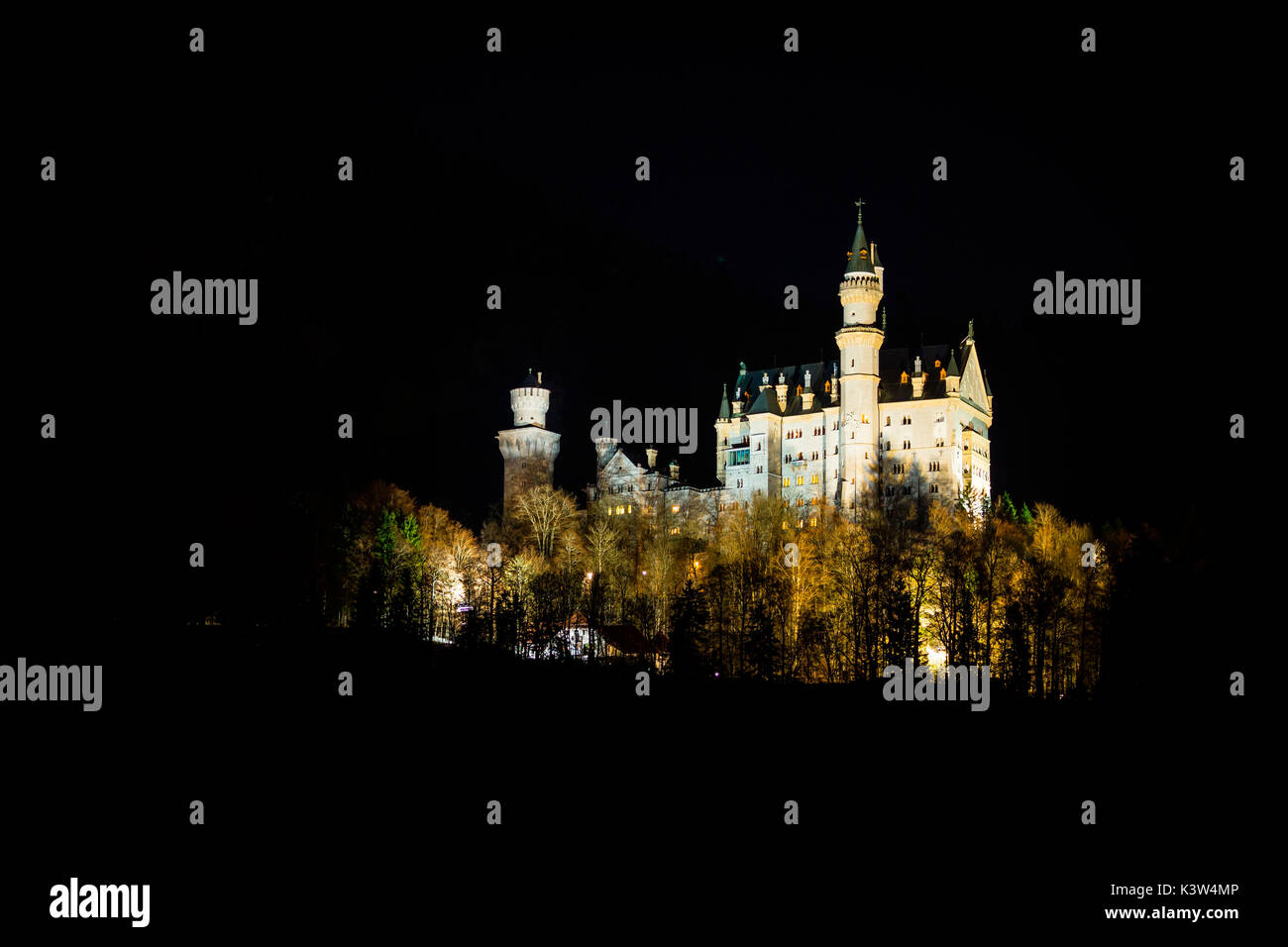 Neuschwanstein at night, Schwangau, Federal State of Bavaria, Germany. Romanesque castle of King Ludwig II. Stock Photo