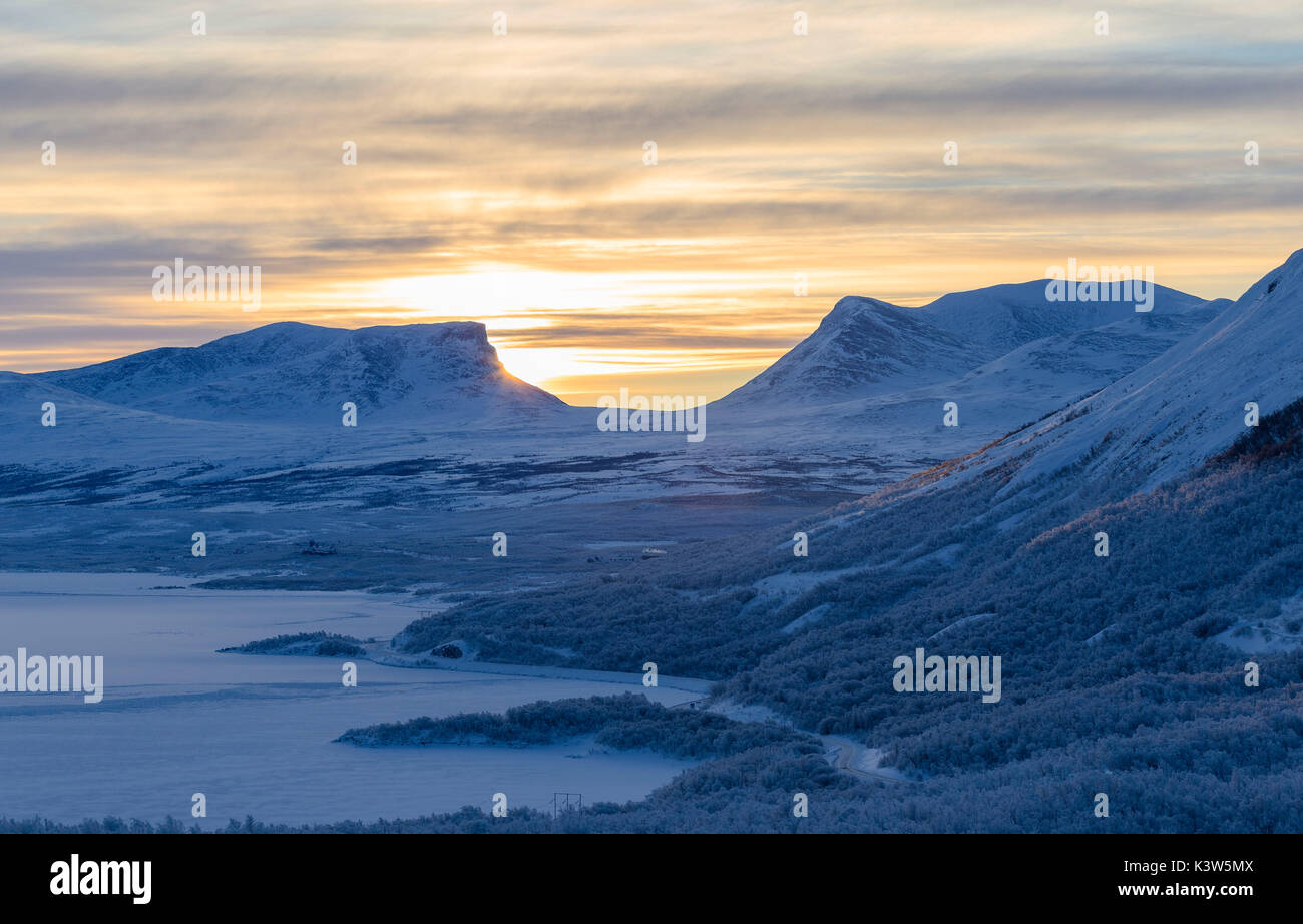 The sun rise over Lapland Door. Bjorkliden, Norbottens Ian, Sweden,Europe Stock Photo