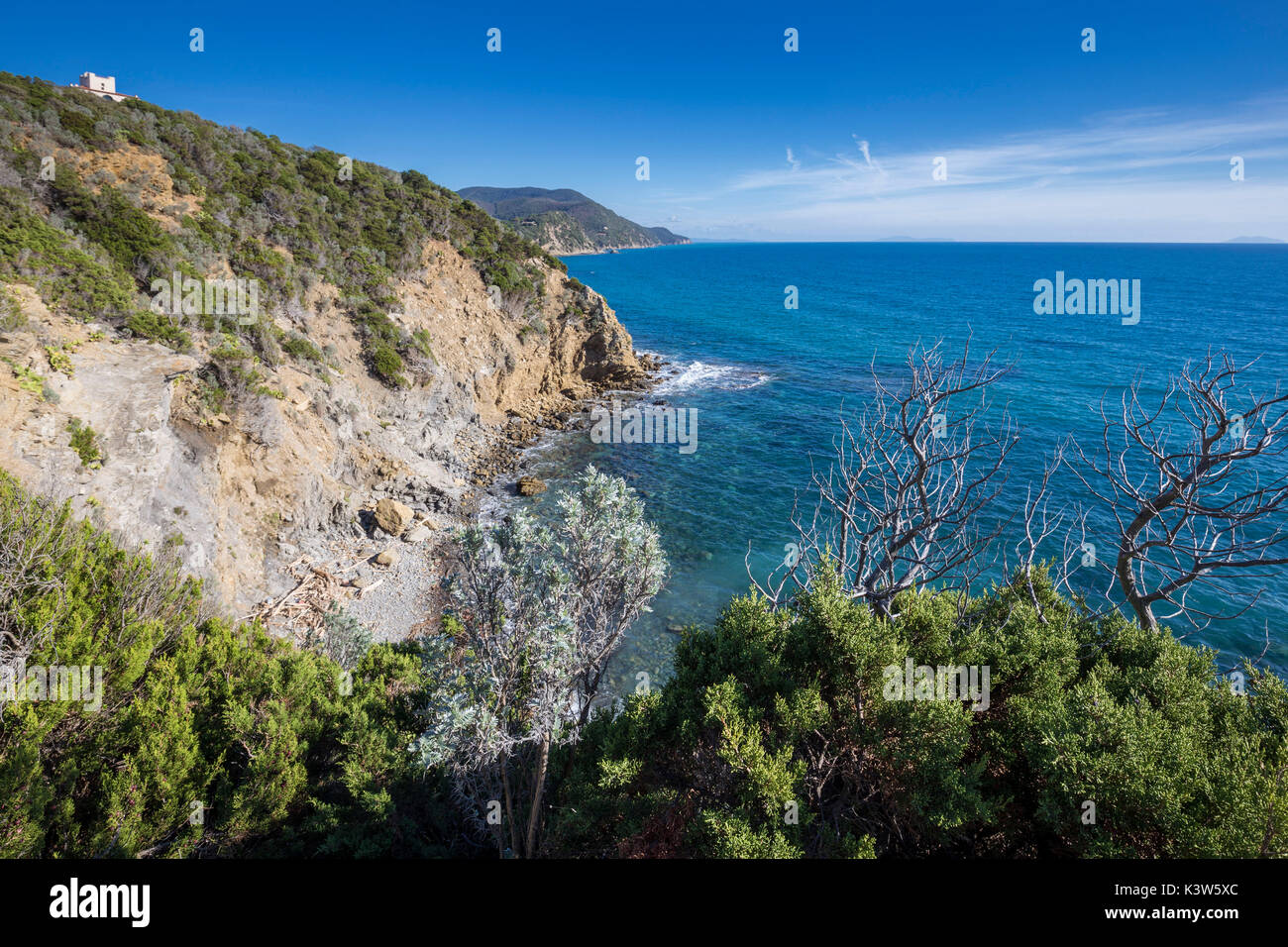View of the rocky coast of Punta Ala. Punta Ala,Castiglione della Pescaia, Maremma, Grosseto province, Tuscany, Italy, Europe Stock Photo