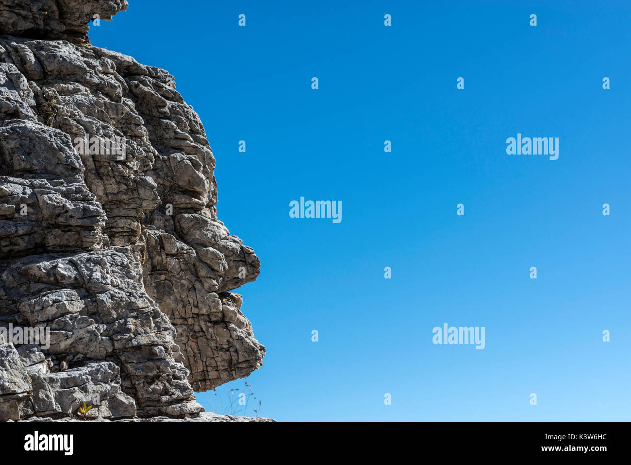 Europe, Italy, Veneto, Belluno, Cadore, Dolomites, Mondeval, especially rock depicting a human face. Stock Photo