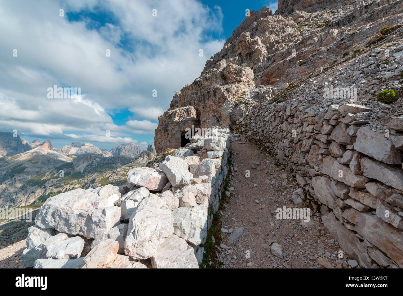 Europe, Italy, Dolomites, Veneto, Belluno. Trenches of the First World War on Mount Paterno. Stock Photo