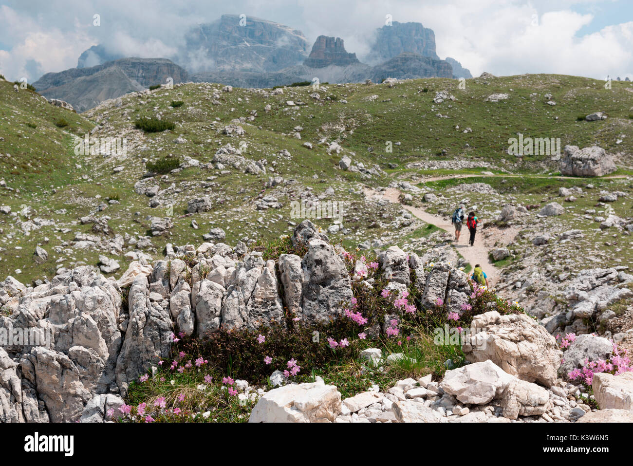 Europe, Italy, Dolomites, Belluno, Bolzano, Park of Tre Cime di Lavaredo. Hikers Stock Photo