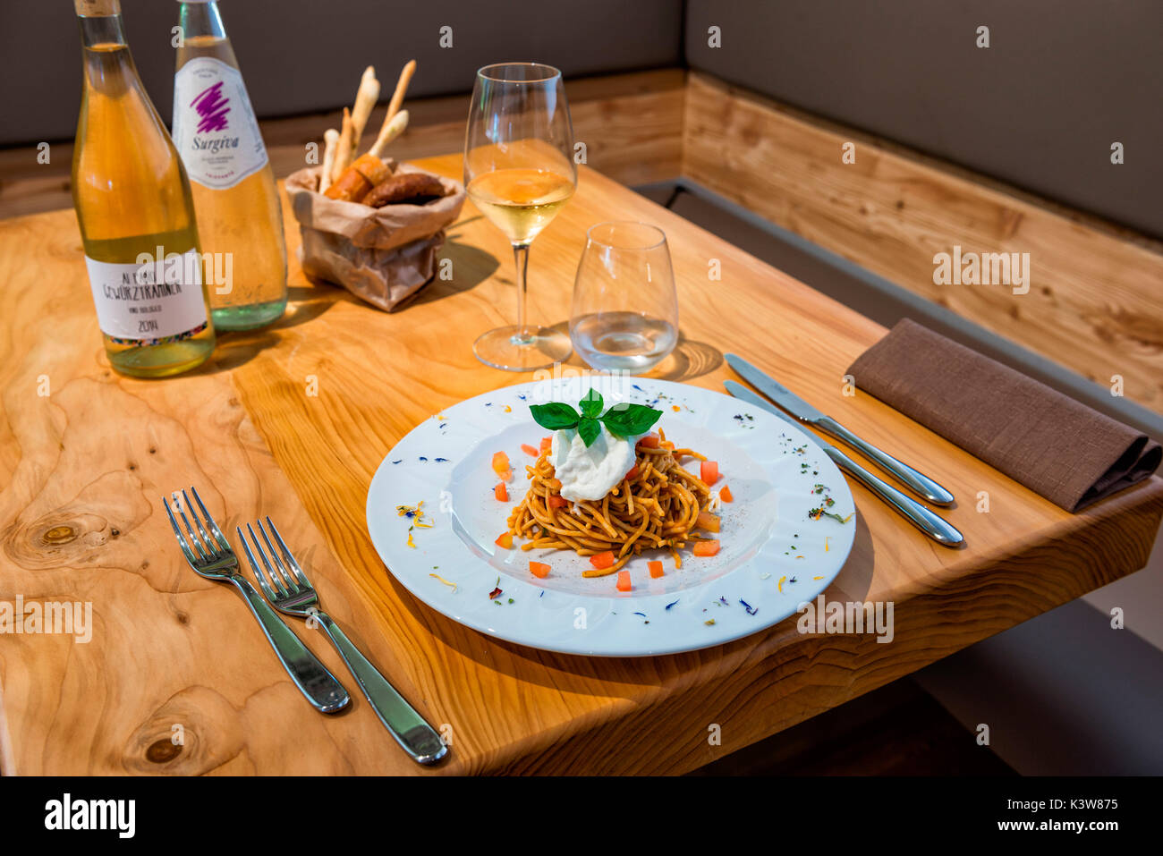 spaghetti with tomato sauce is a typical Italian dish, Italy. Stock Photo