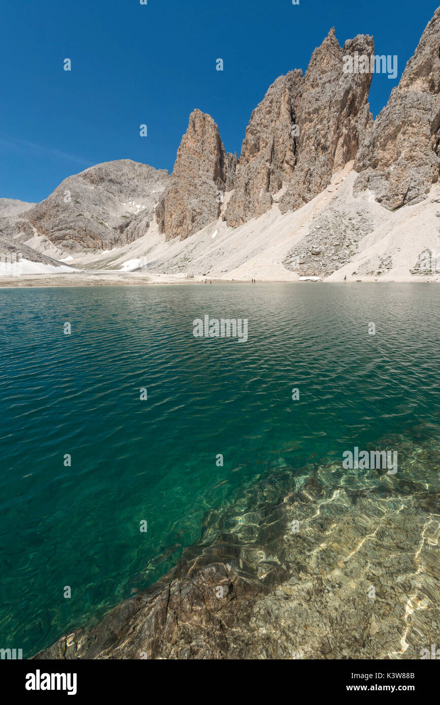 Italy, Trentino Alto Adige, Dolomiten Antermoia lake at Croda da Lago mountain. Stock Photo