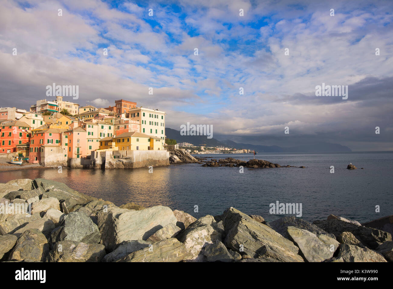 View of Boccadasse, Genoa, in a beautiful day. This part of the city is very beautiful, old and trip destination for foreigners. Stock Photo