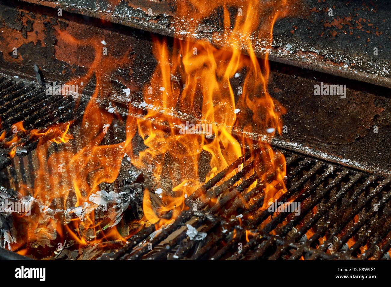 fire in the fire burns out of paper, burn the pages of a book on the coals with flying sparks Stock Photo