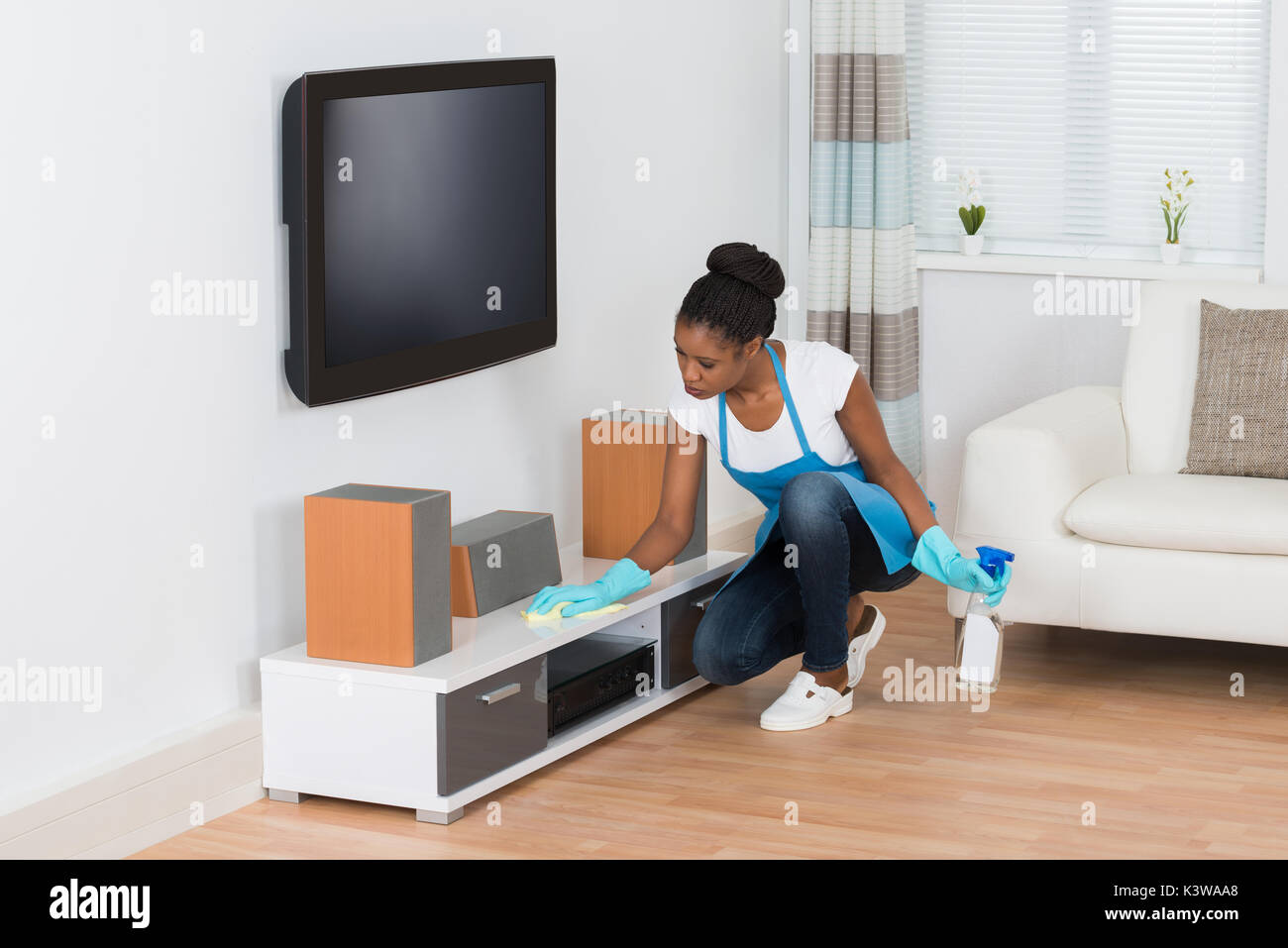 Young African Woman Cleaning Furniture In Living Room Stock Photo